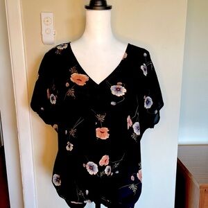 West Kei, Black with floral design , Faux Wrap, v neck Blouse